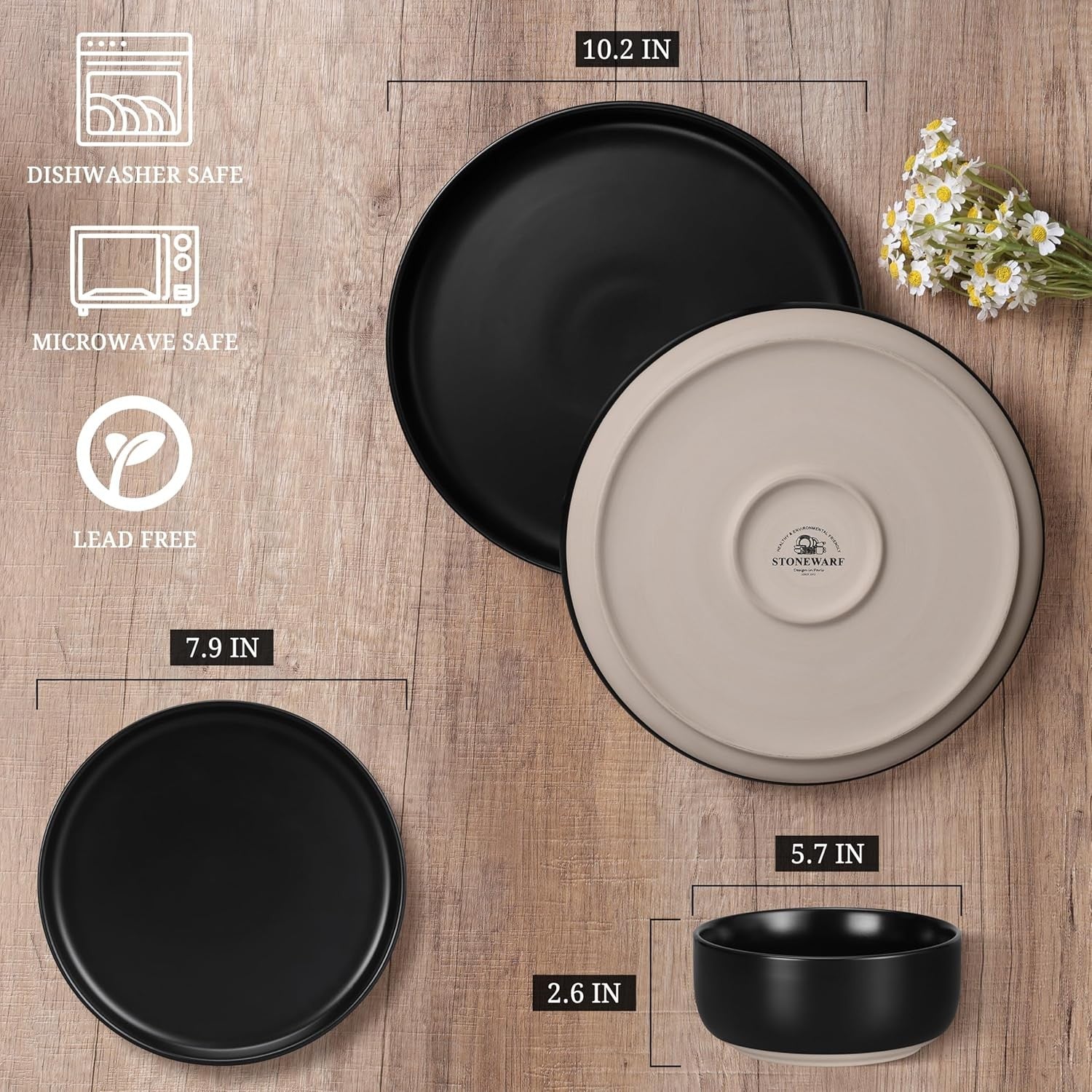 18pc Stoneware Dinnerware Set Plates Bowls Matte Black for 6