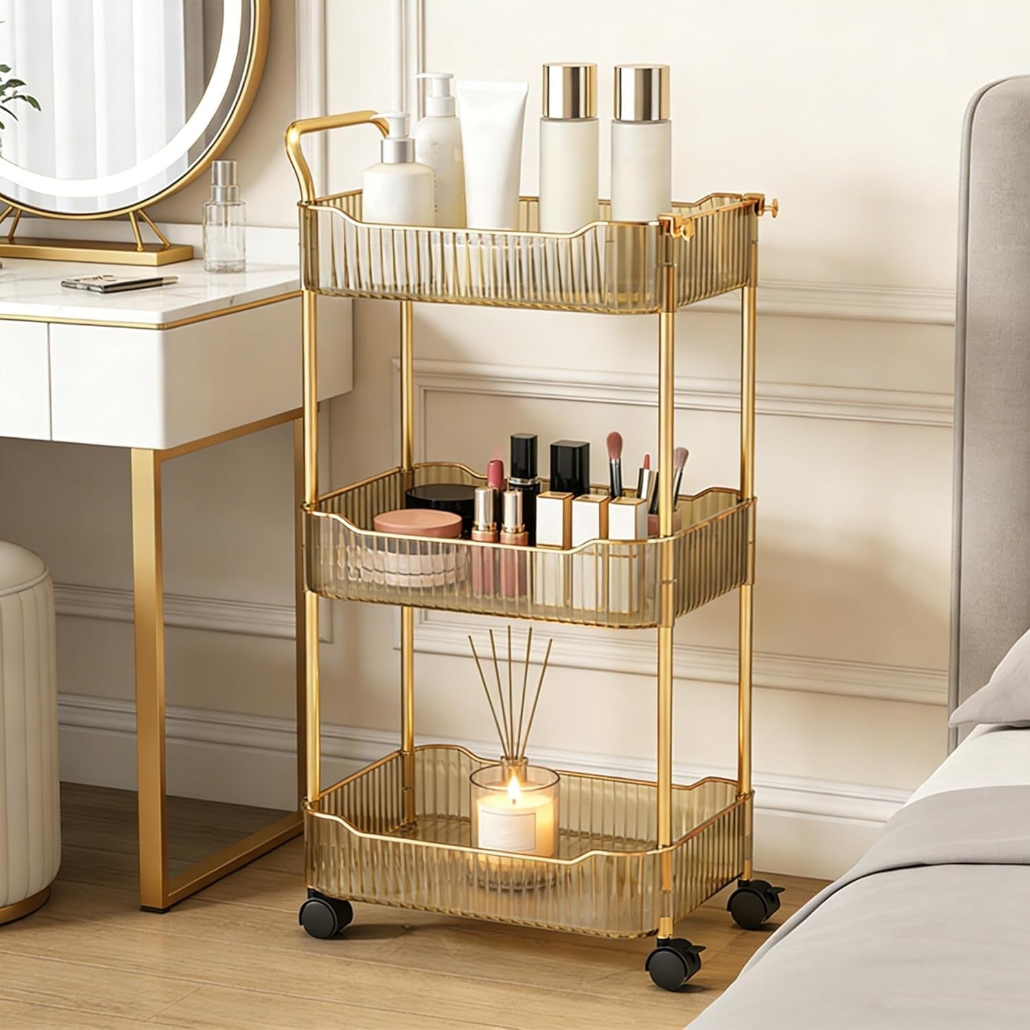 3 Tier Rolling Storage Trolley Acrylic Utility Cart Lockable Wheels Gold