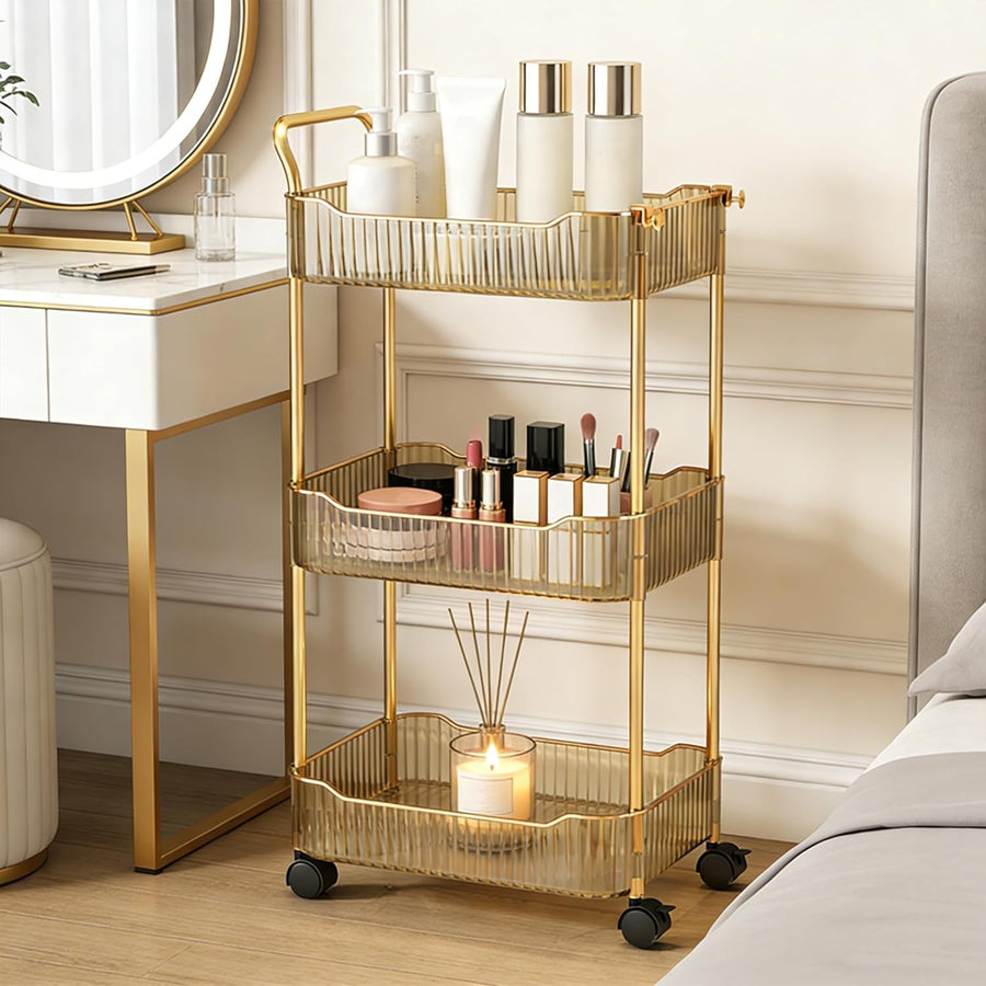 3 Tier Rolling Storage Trolley Acrylic Utility Cart Lockable Wheels Gold