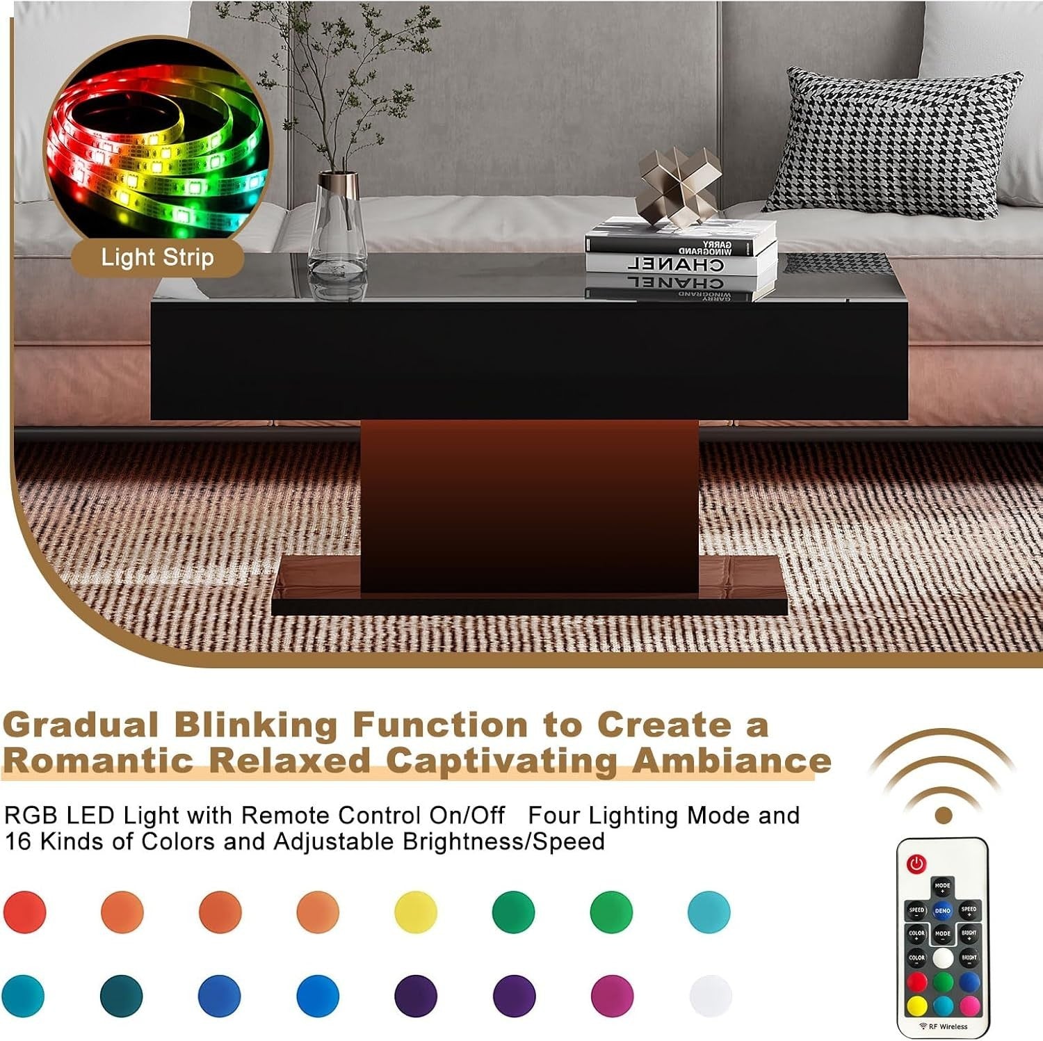 Modern Black LED Coffee Table, High Gloss Rectangular 110x55cm