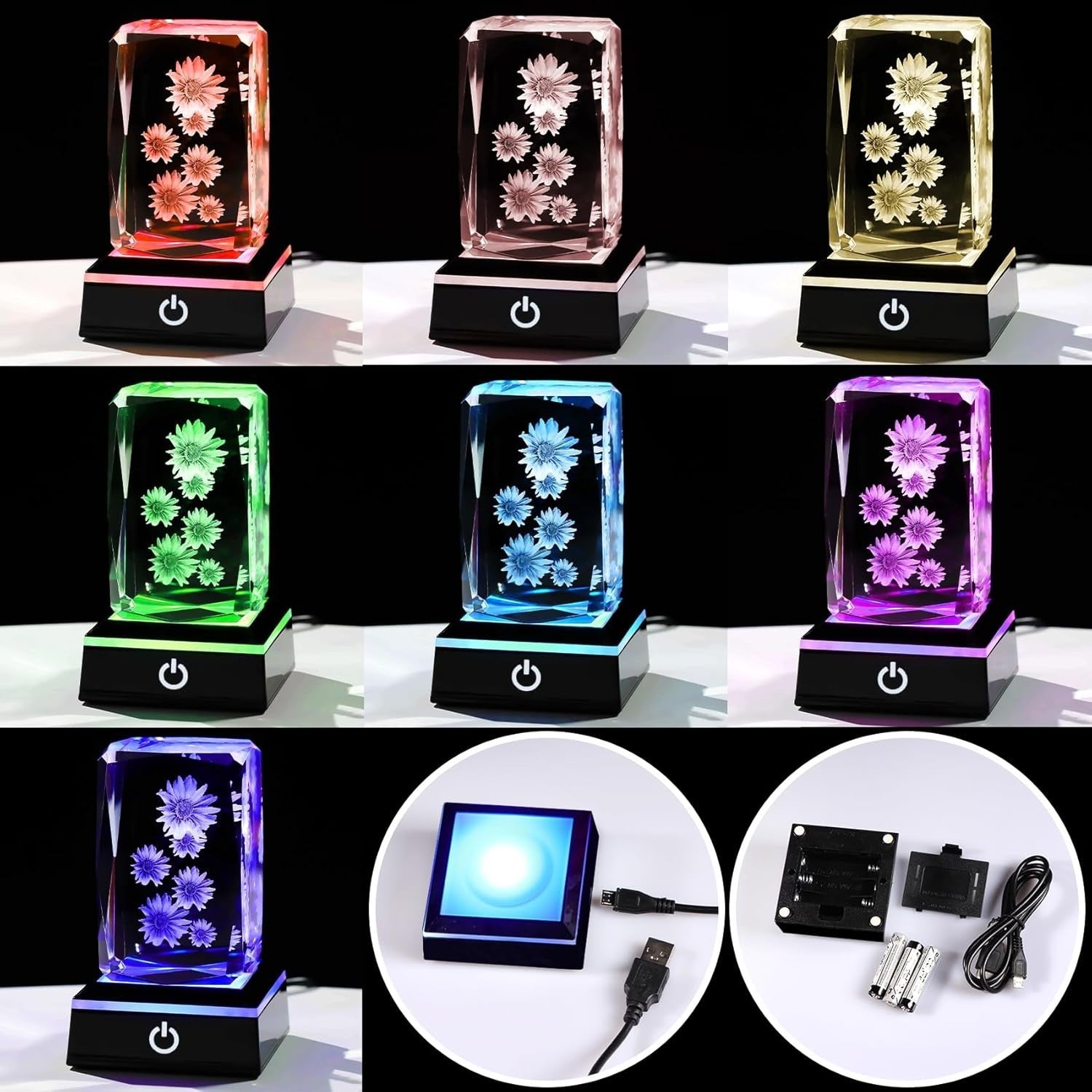 3D Crystal Sunflower LED Ornament Gift – Colour Changing Light Display Keepsake