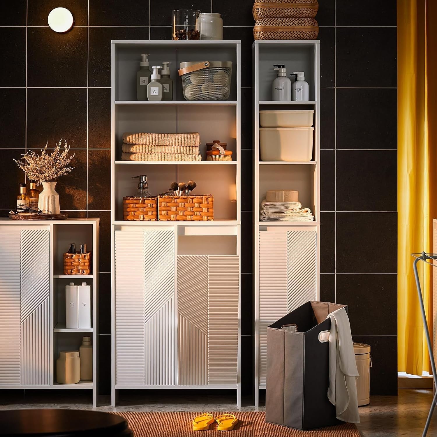 Tall Bathroom Storage Cabinet with Laundry Basket Slim White Unit Shelves 171cm
