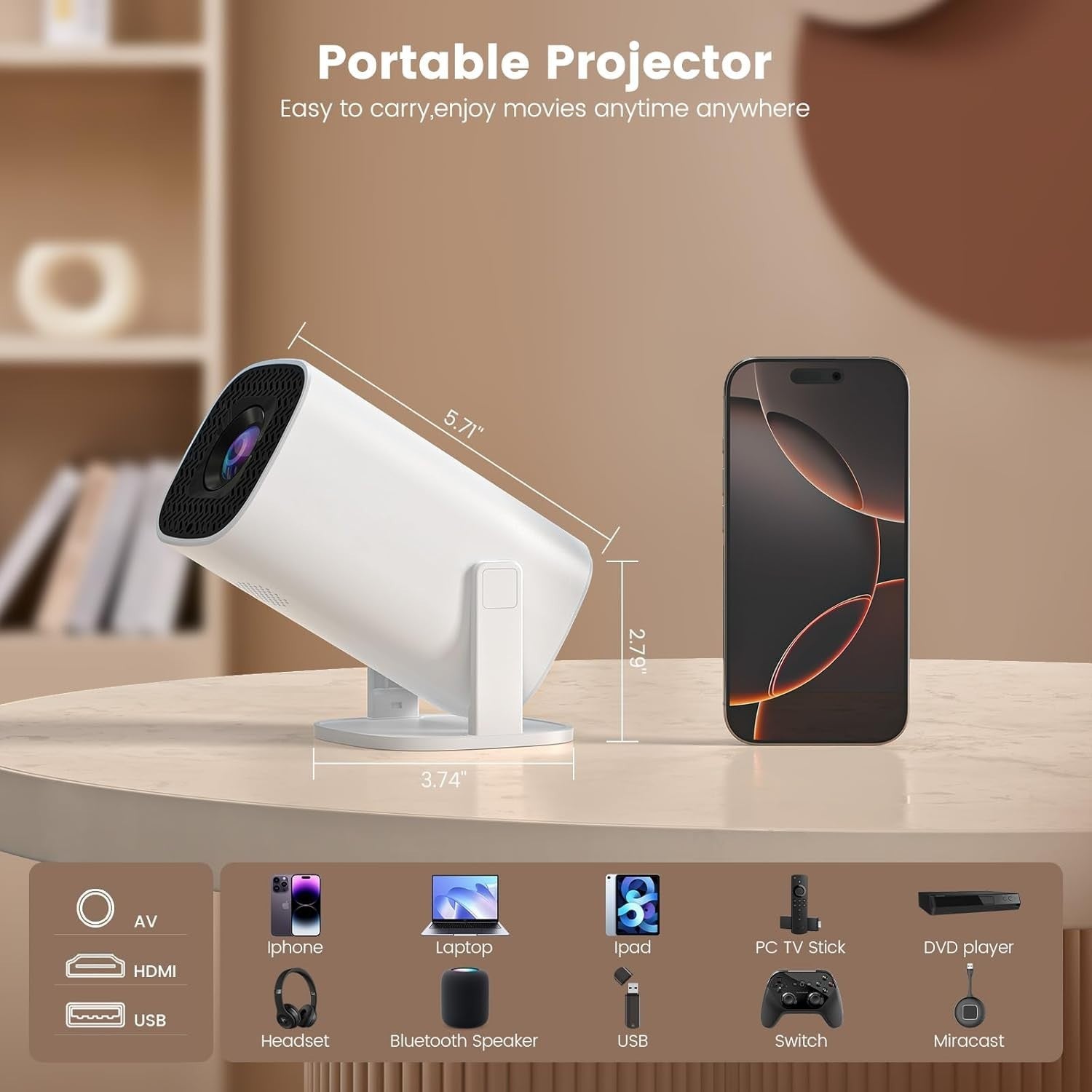 4K Smart Mini Projector WiFi 6 Bluetooth Auto Focus 130" Portable