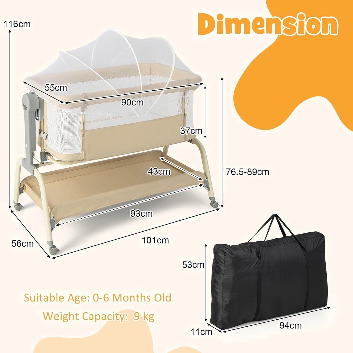 4in1 Baby Bedside Crib Adjustable Rocking Bassinet with Mattress & Storage Beige