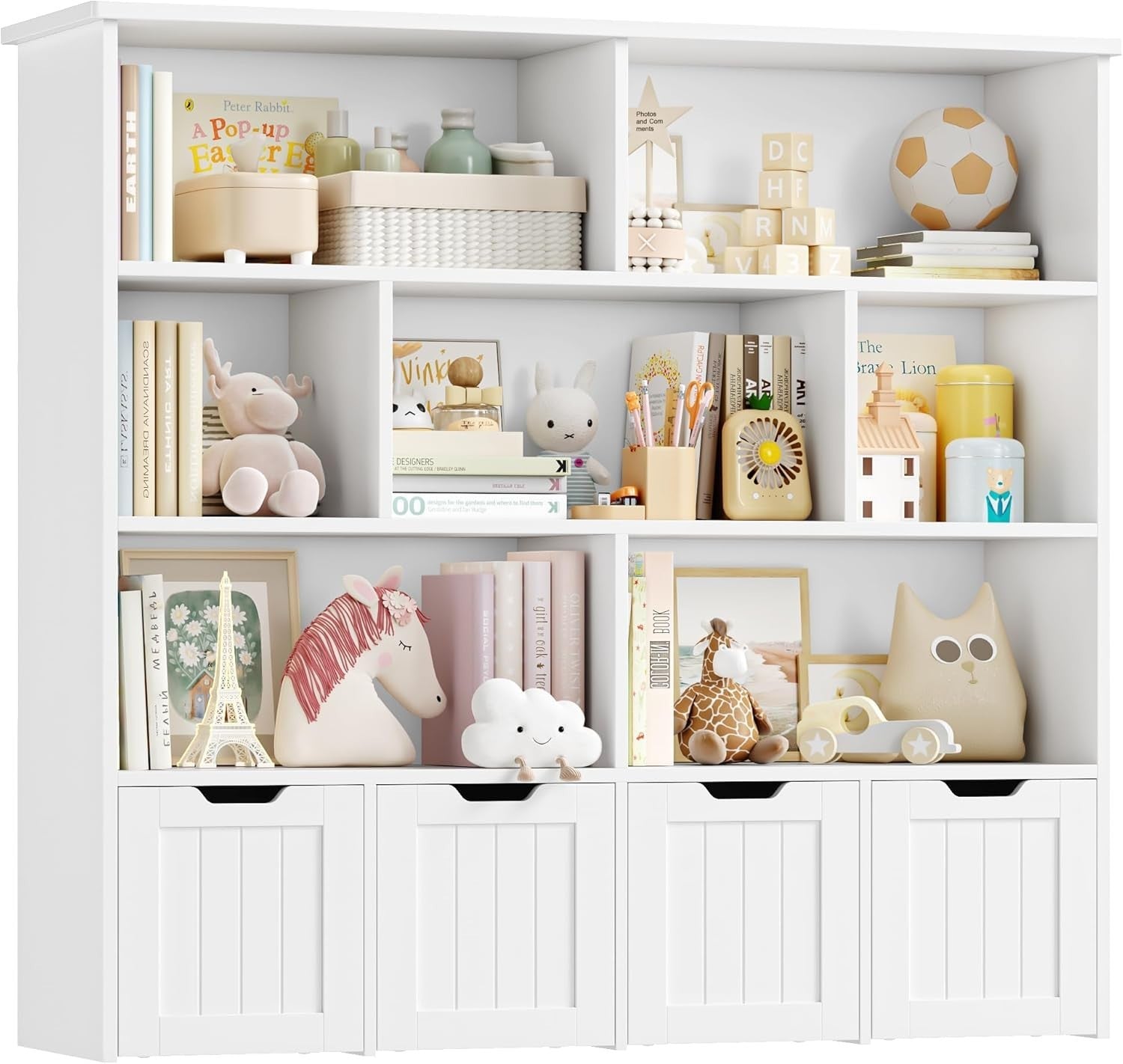 Kids Toy Storage Unit with 7 Open Shelves & 4 Drawer Organizer – White