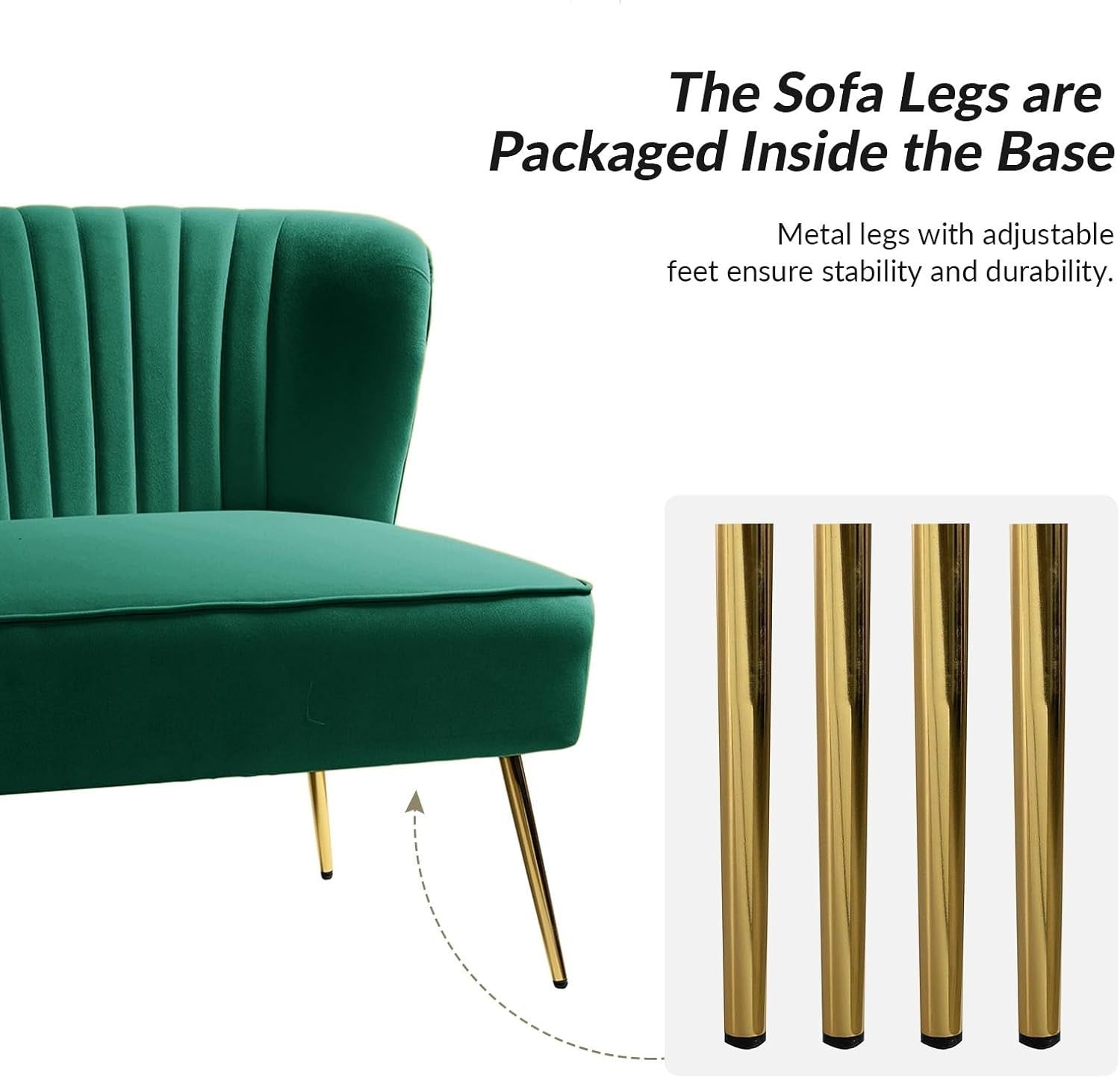 Green Velvet 2 Seater Sofa Armless Loveseat Gold Legs for Lounge or Flat
