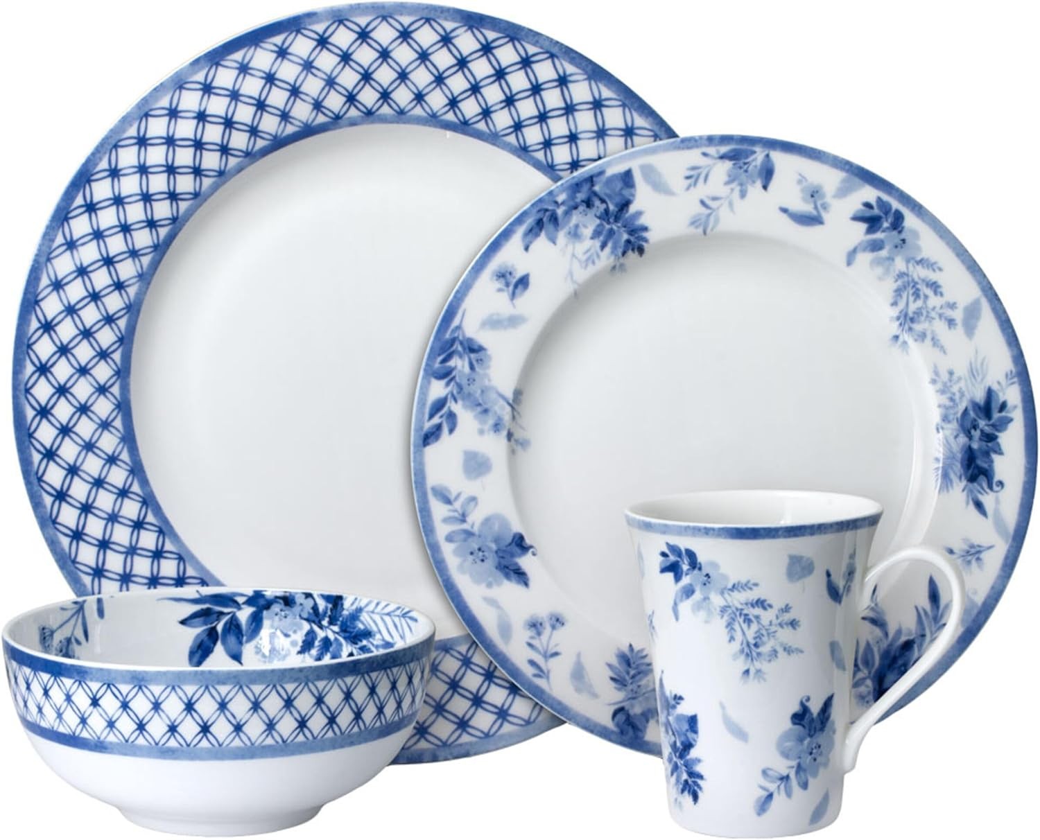 16pc Bone China Dinnerware Set Blue White Plates Bowls Mugs Chip Resistant