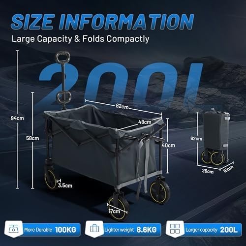 200L Folding Camping Trolley Wagon Heavy Duty Wheels Adjustable Handle