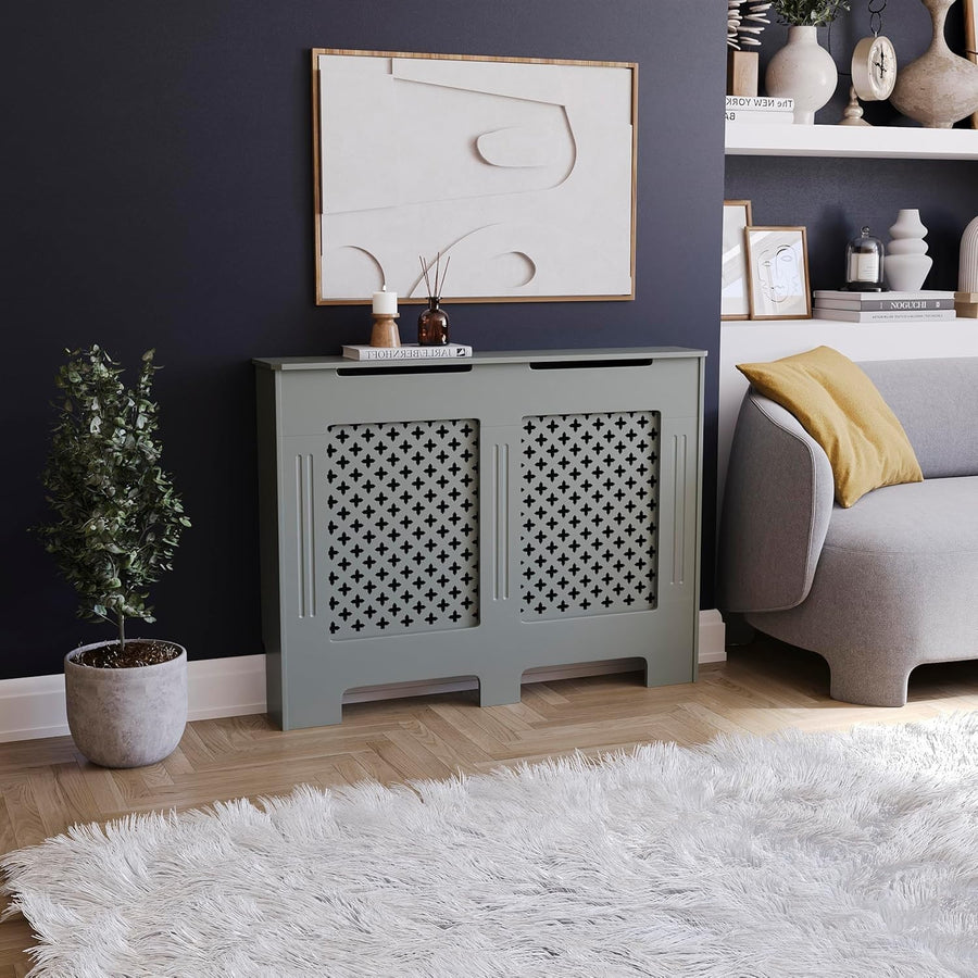 Medium Olive Grey Radiator Cover 82x111x19cm MDF Cross Pattern Modern Cabinet