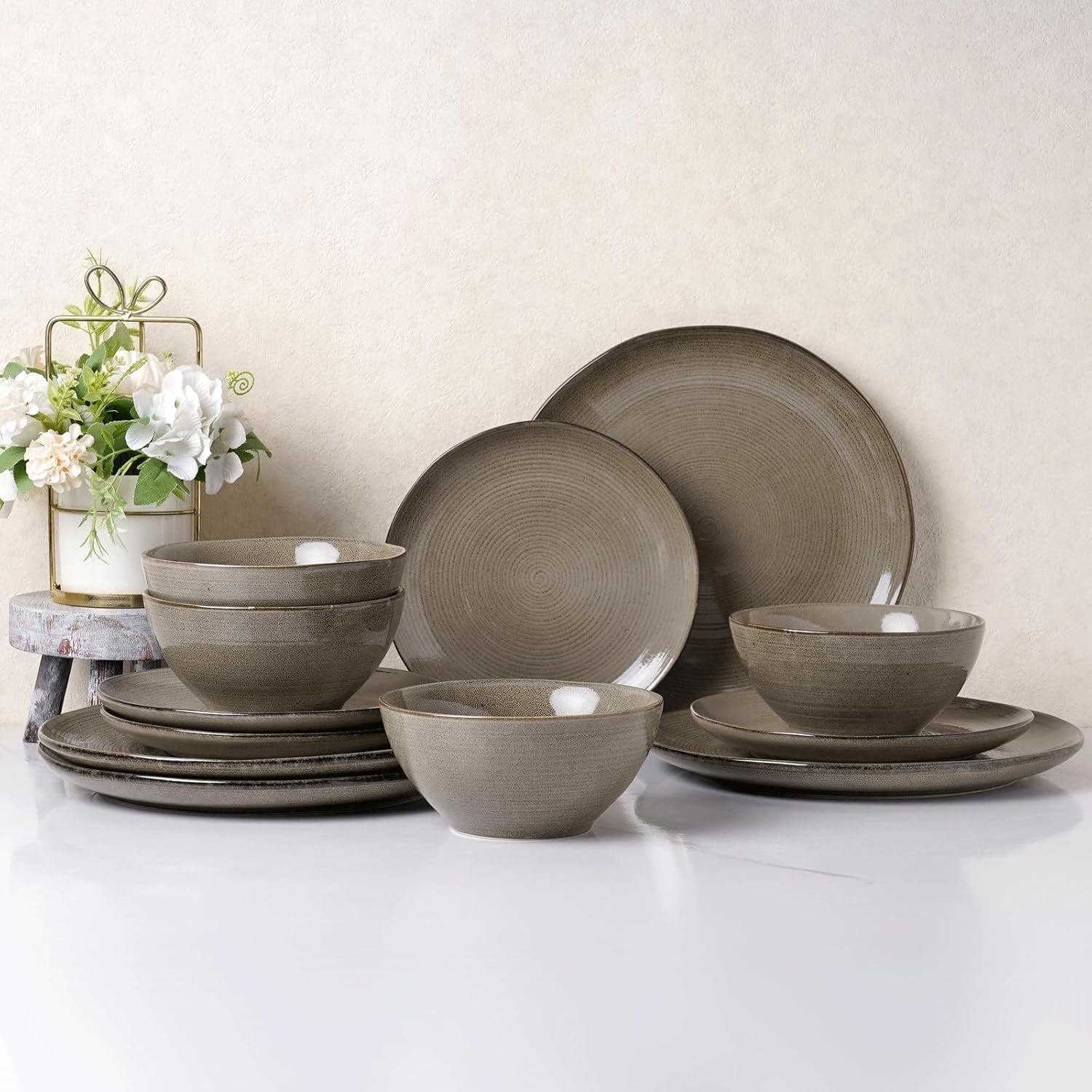 18pc Stoneware Dinnerware Set Plates Bowls Dark Olive Service for 6