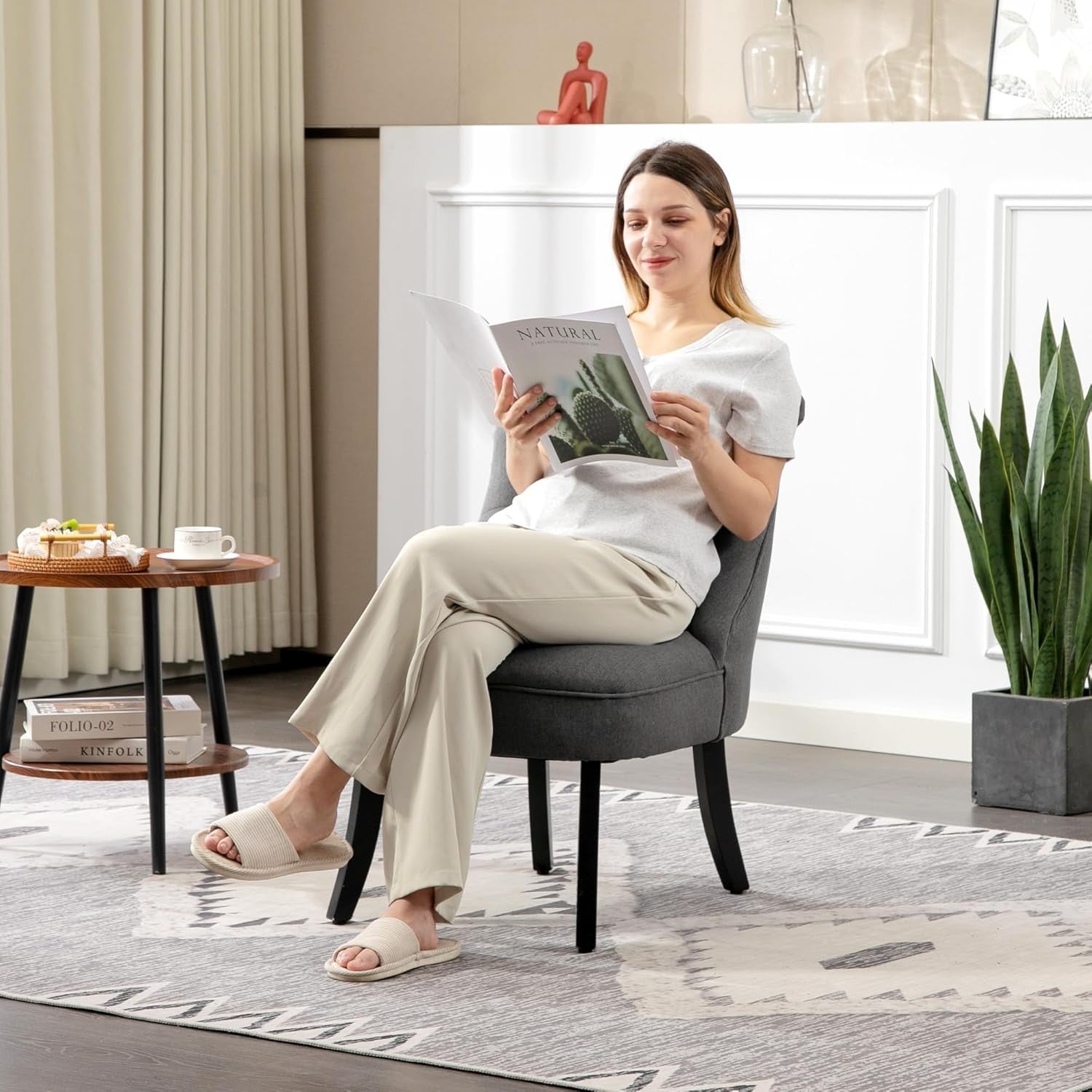 Charcoal Grey Linen Accent Tub Chair Button Tufted Lounge Seat