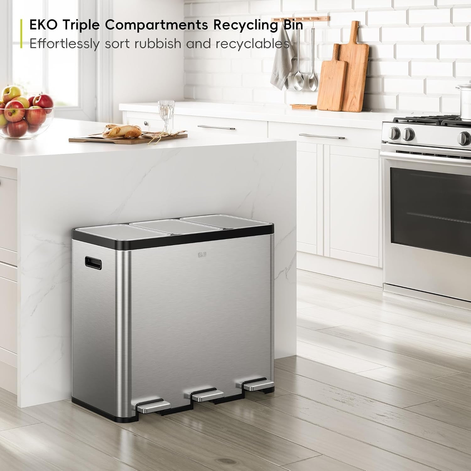 60L Triple Recycling Bin 3x20L Stainless Steel Pedal Soft Close