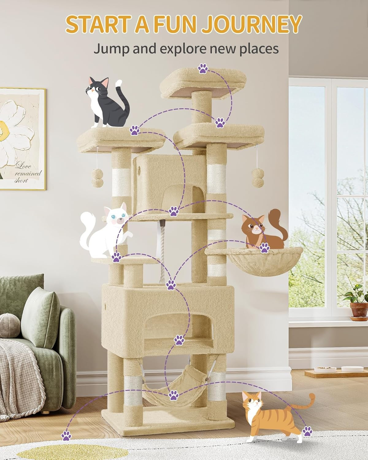 Large Cat Tree 176cm Multi-Level Tower with Caves Hammock Sisal Posts