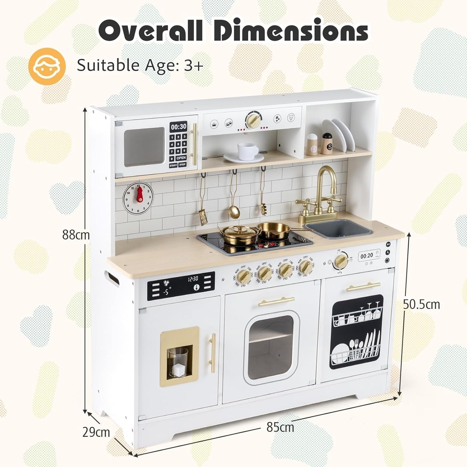Wooden Kids Play Kitchen White Lights Sounds Coffee Maker Toy Set