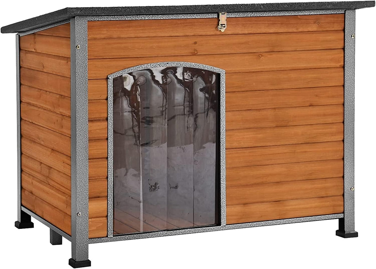 Insulated Wooden Dog House with Iron Frame Weatherproof Elevated Kennel