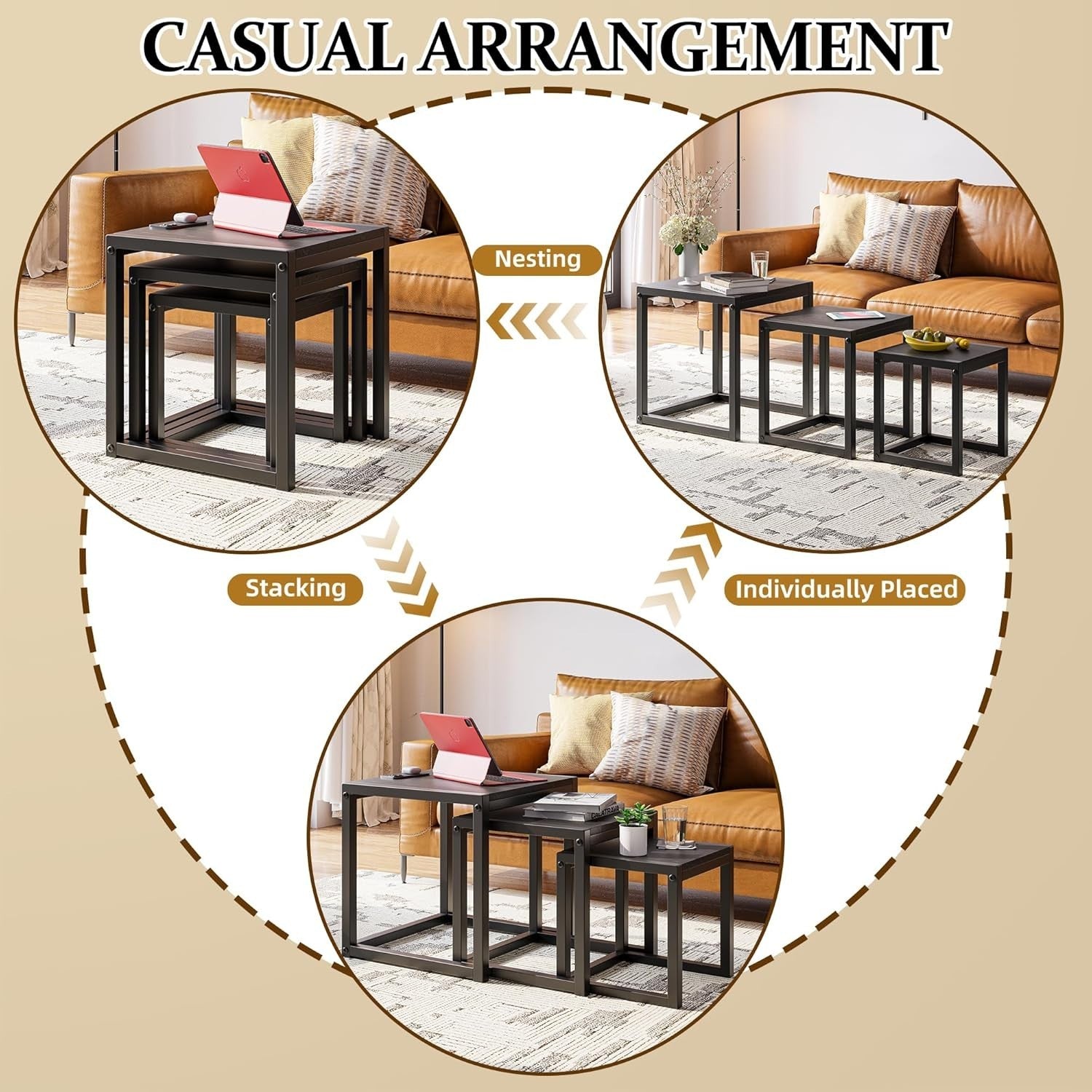 3 Black Nesting Coffee Tables Set of 3 Rectangular Steel MDF Side End Table