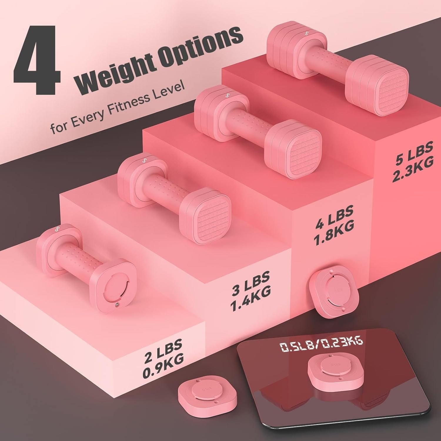 Pink Adjustable Dumbbell Set 2–5lb Pair 4-in-1 Non-Slip Women Weights
