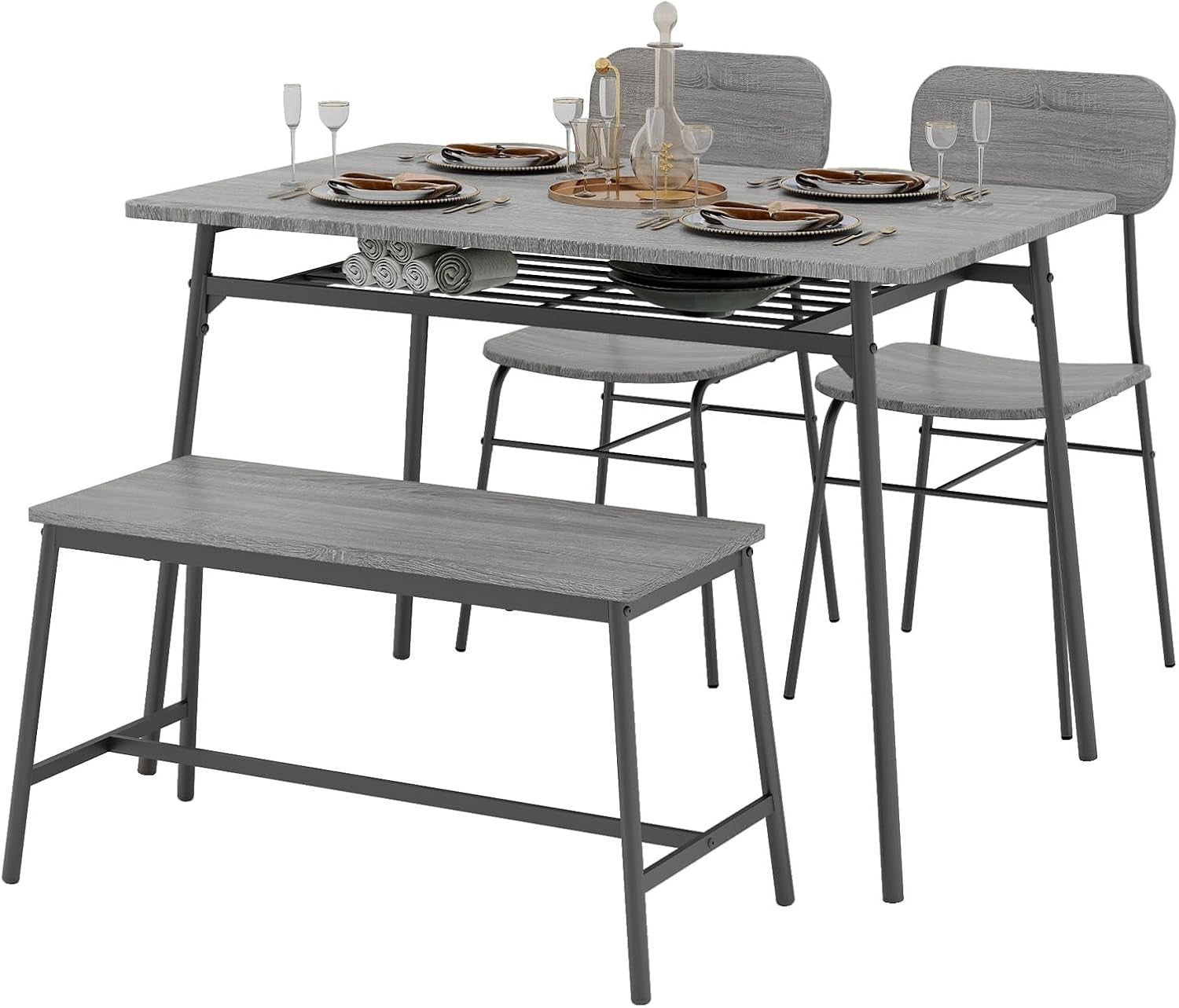 Dining Table Set with Bench & 2 Chairs | Storage Rack | Modern Grey
