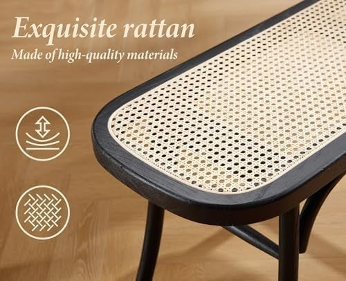 Black Rattan Ottoman Bench with Wood Legs – Retro Dining & Hallway Seat