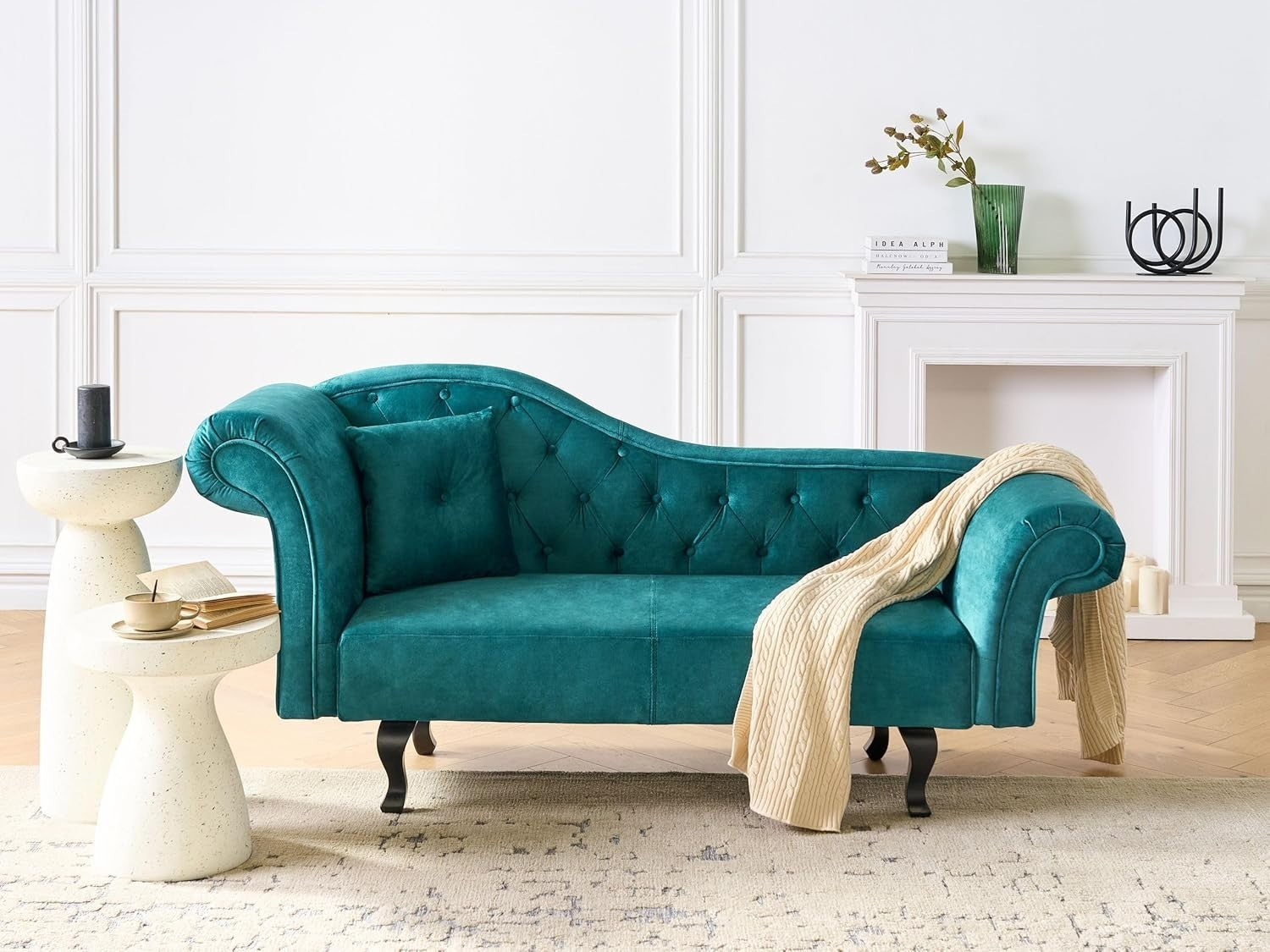 Emerald Green Velvet Left Hand Chaise Lounge | Tufted Seat + Cushion, Retro Styl
