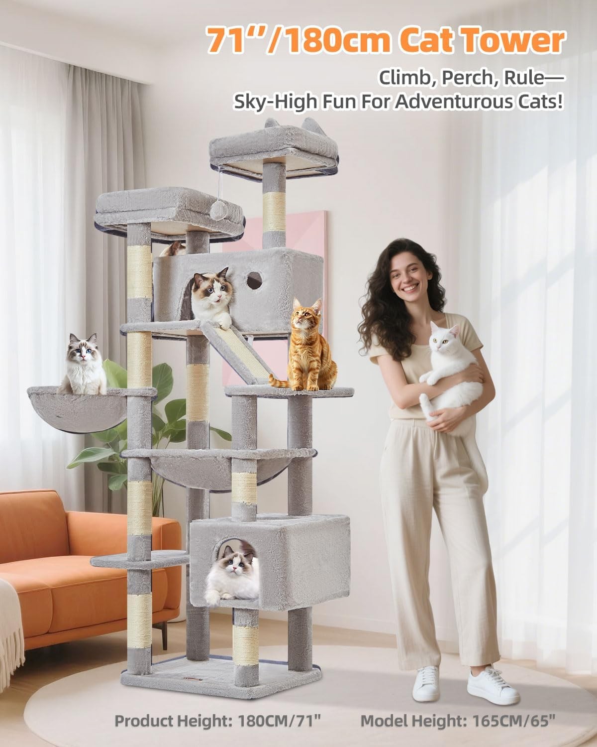 Extra Tall Cat Tree Tower 180cm Multi Level Scratching Posts Hammock Condo