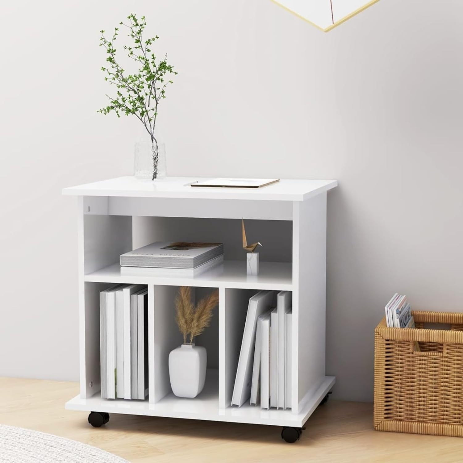 High Gloss Rolling File Cabinet Wooden Under Desk Storage Unit White