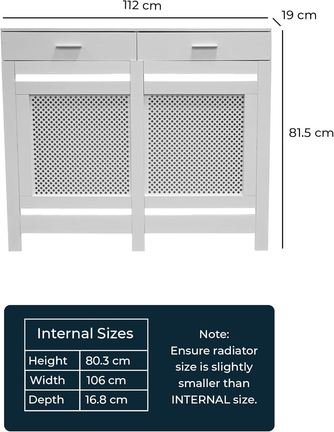 White Radiator Cover with Drawers Diamond Slat W112xH96cm Modern