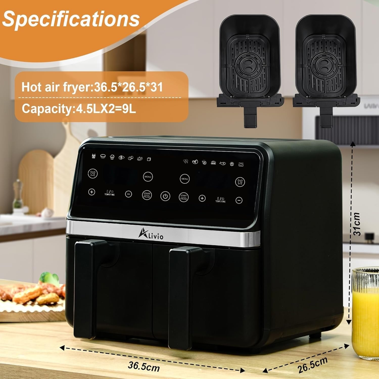 Dual Basket Air Fryer 9L | 14 Programs, LED Touch, 360° Crisping Low-Oil Cooking