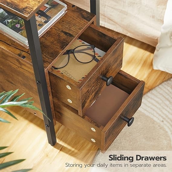 Narrow Rustic Bedside Table with Charging Station, USB Ports, 2 Drawers, Slim