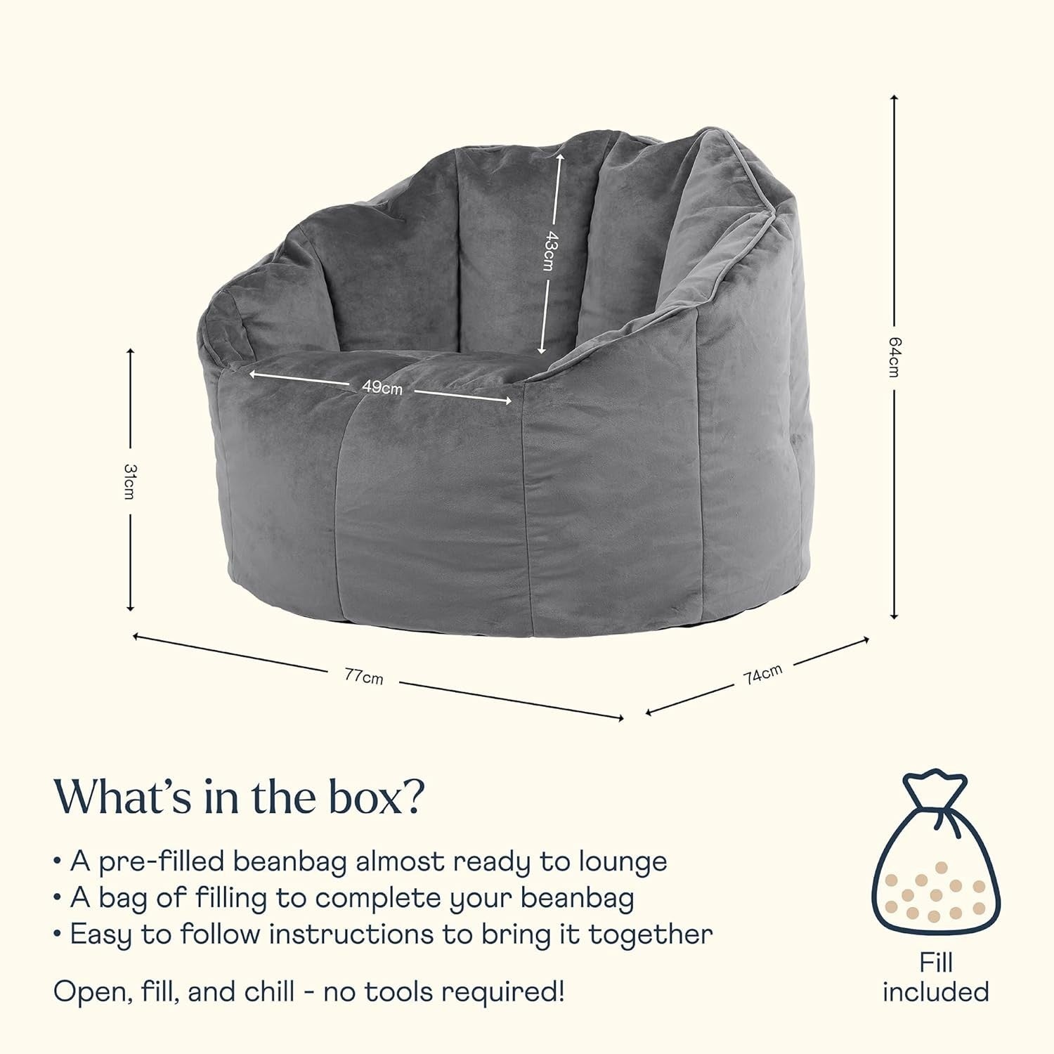Large Velvet Bean Bag Chair Grey | Comfy Lounge Seat for Adults Room