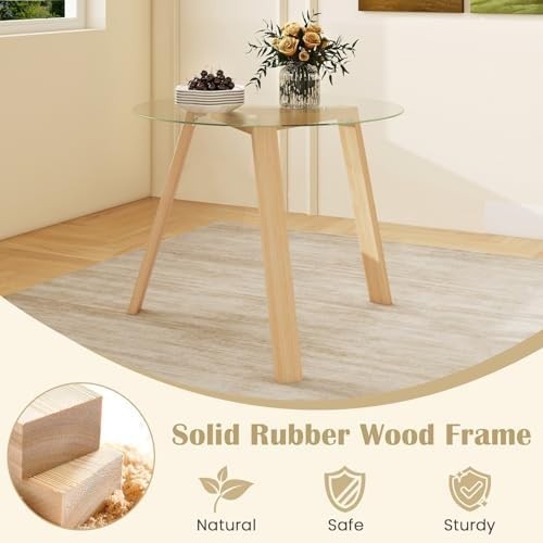 Round Glass Dining Table 90cm Natural Rubber Wood Frame Modern