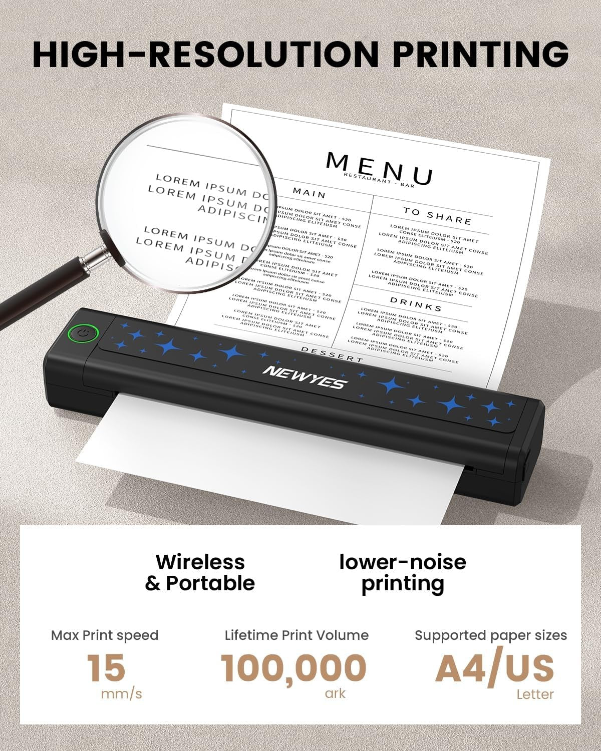 A4 Portable Thermal Printer Inkless Bluetooth for iOS Android