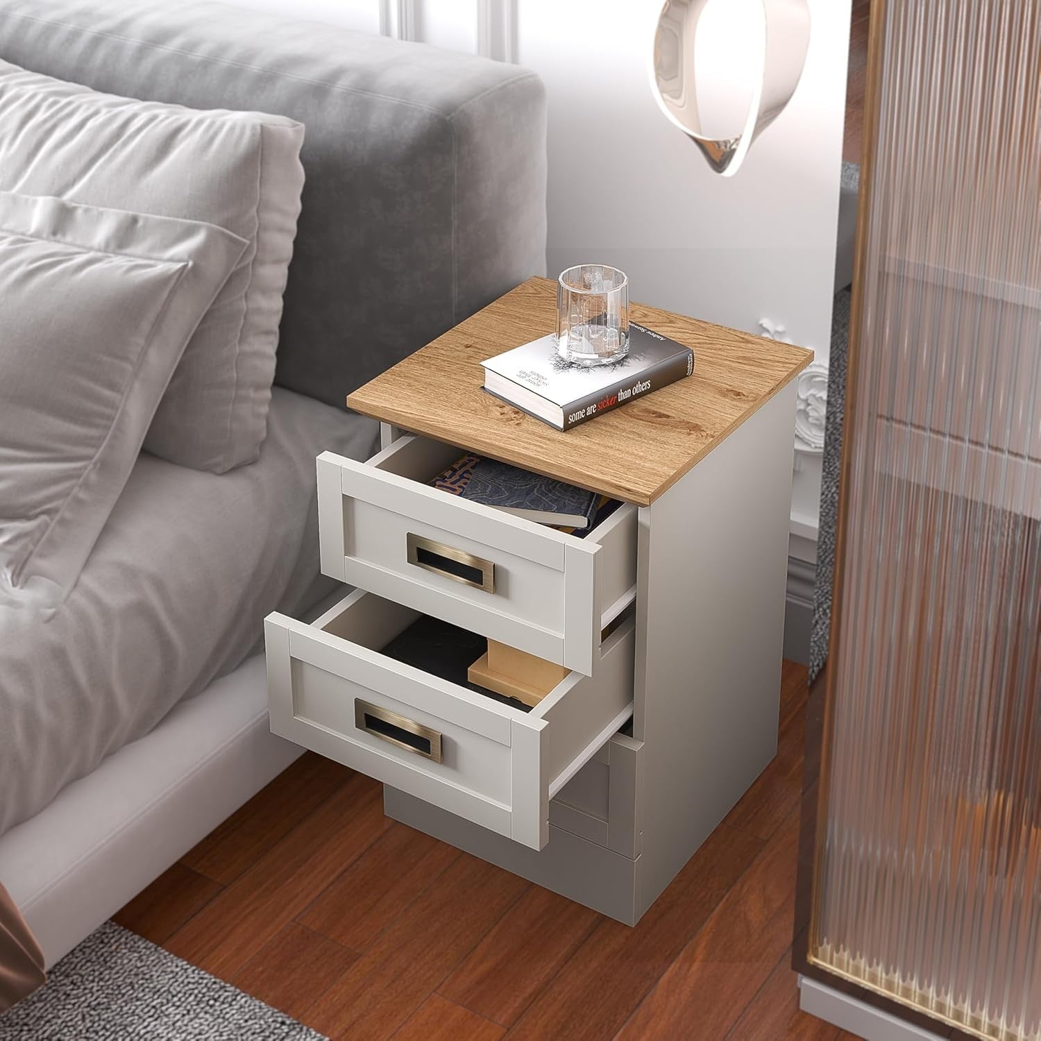 Light Grey & Oak 3 Drawer Bedside Table | Modern Bedroom Storage Cabinet