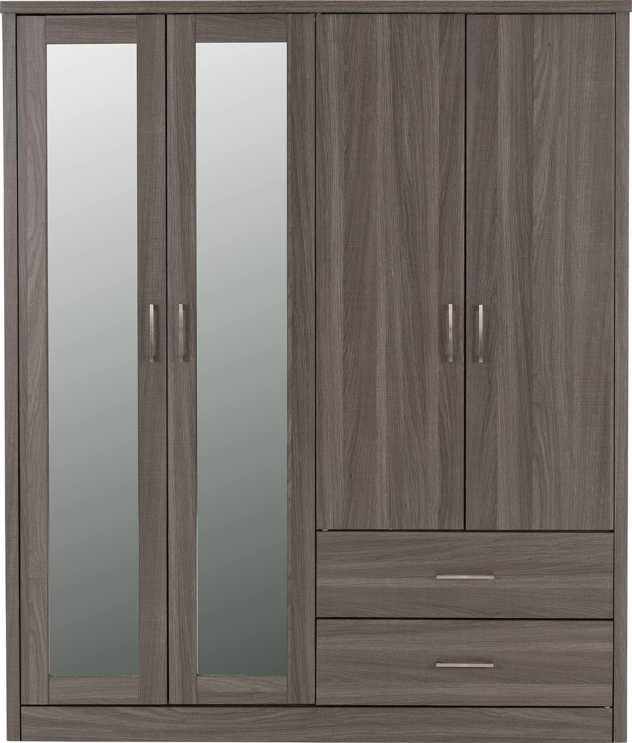 Black Wood 4 Door Wardrobe with Mirror & Drawers Modern Storage Unit