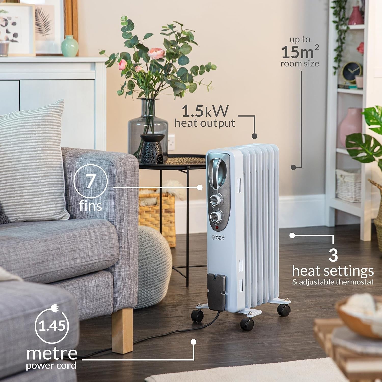 Portable 1500W Oil Filled Radiator Heater 7 Fins Adjustable Thermostat