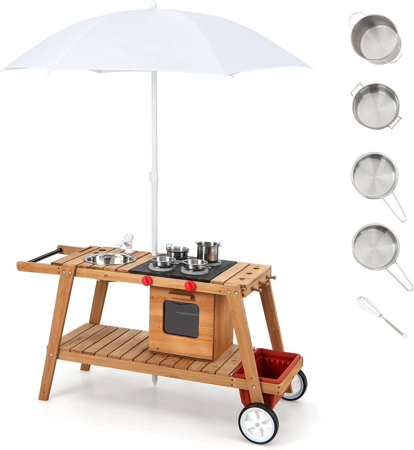Wooden Mud Kitchen Outdoor Kids Cooking Cart w Umbrella Sink Wheels