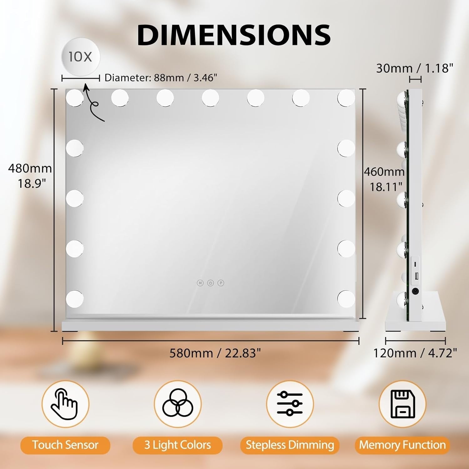Hollywood Vanity Mirror with 15 Lights, Touchscreen, Dimmable, USB