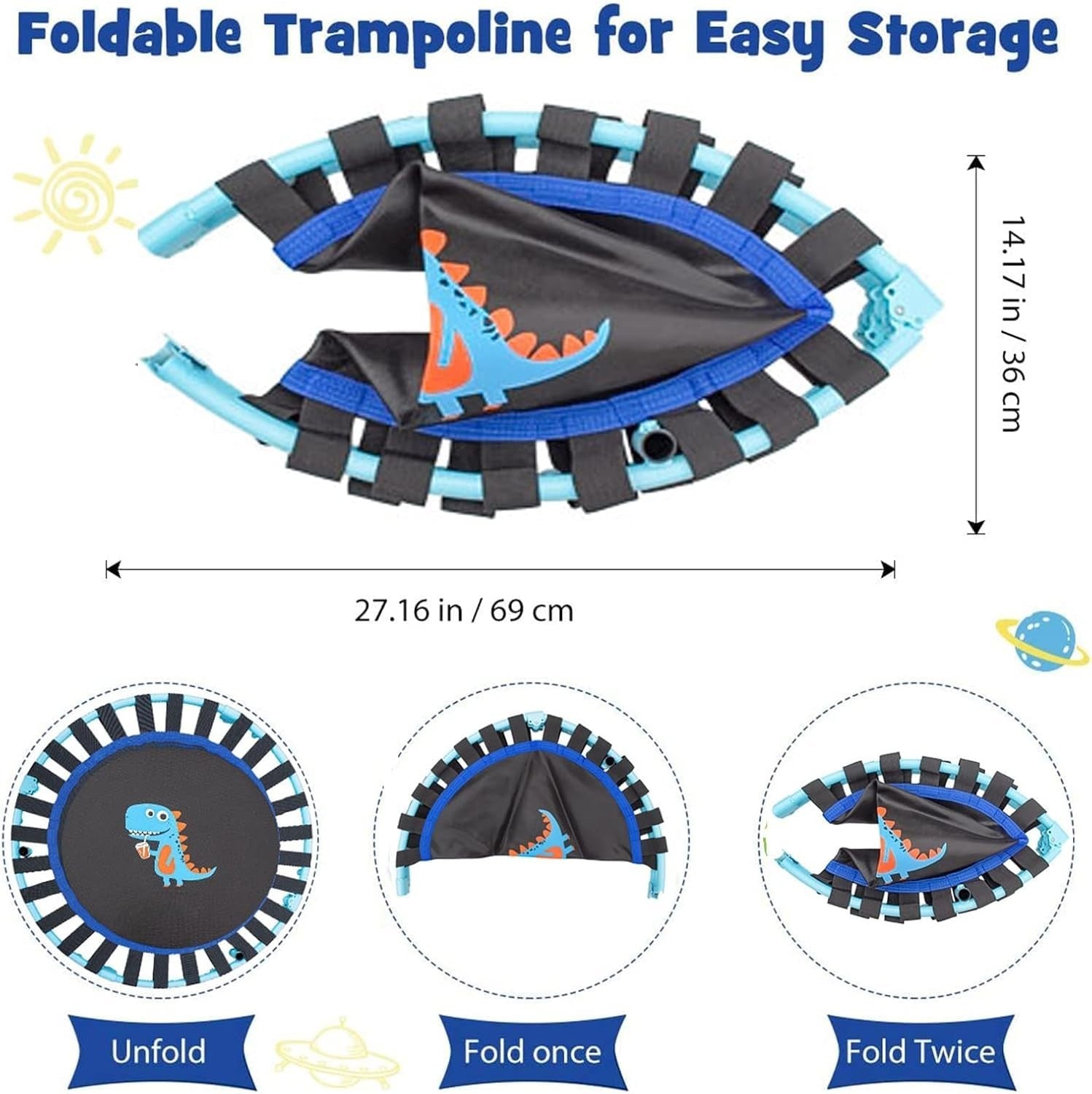 38in Kids Trampoline Foldable Silent Bungee Handle Indoor Outdoor