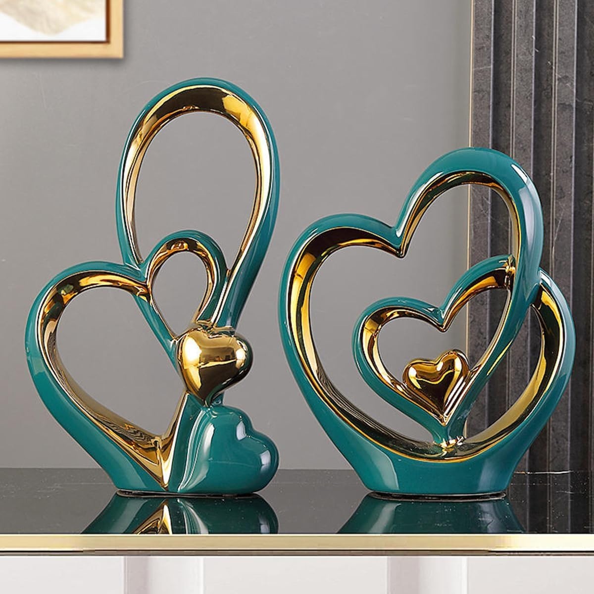 Luxury Double Heart Ceramic Sculpture Green Gold Ornament Modern Home Decor Gift