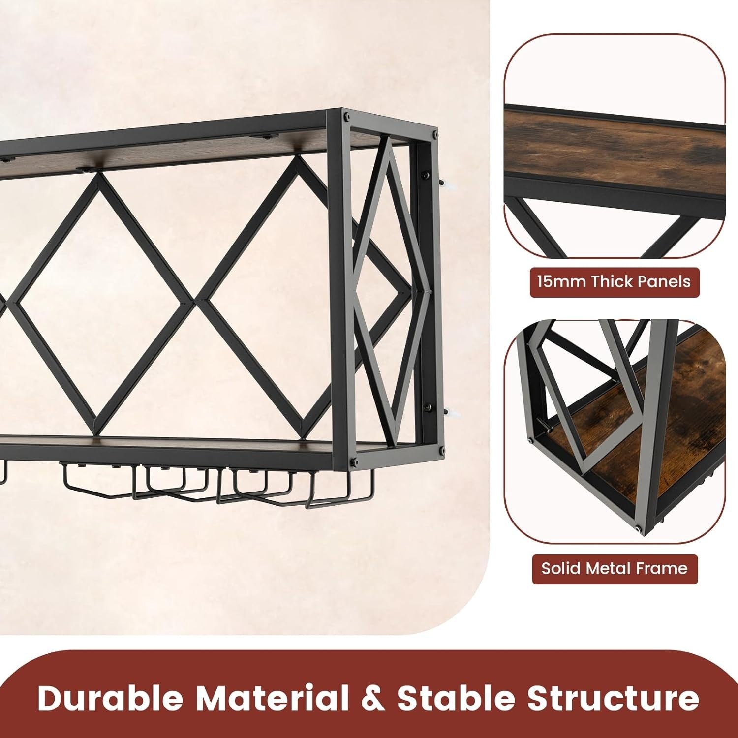 Wall Mounted Wine Rack with Glass Holder 2-Tier Metal Shelf Bar Storage Display