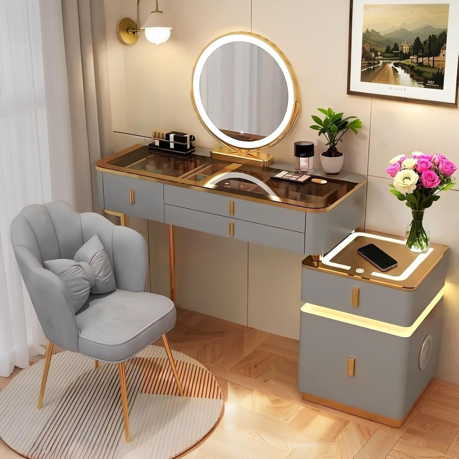 Modern Vanity Dressing Table Set w/ Mirror, Tri-Color LED Lights, Wireless Charg