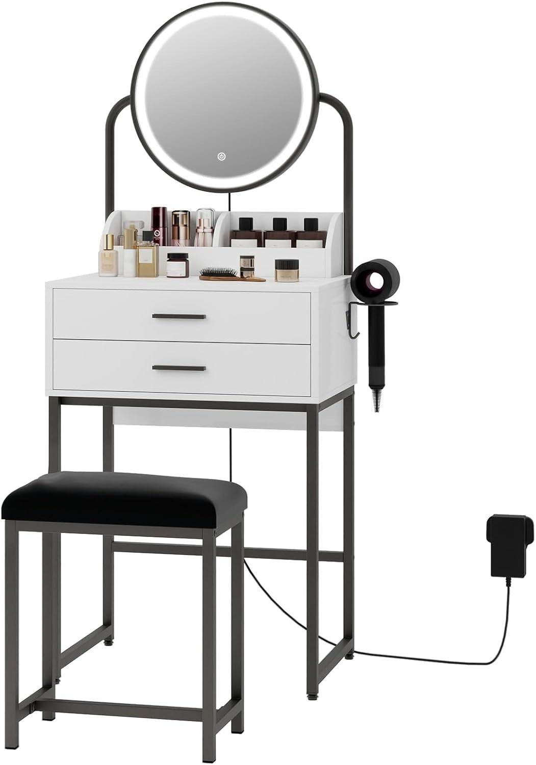 Vanity Makeup Dressing Table with LED Mirror Lights 2 Drawers & Stool White/Gold