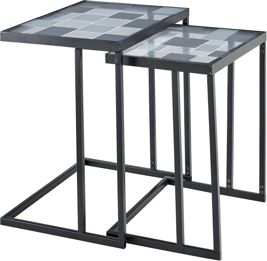 Space Saving Glass Coffee Table Square Side Sofa Table C-Shape Nesting Frame