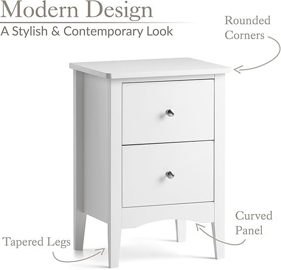 White 2 Drawer Bedside Table Modern MDF Nightstand | Smooth Glide Storage Unit