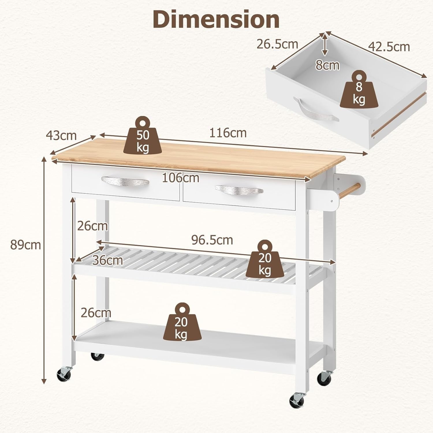 116cm Kitchen Island Cart Rubber Wood Top