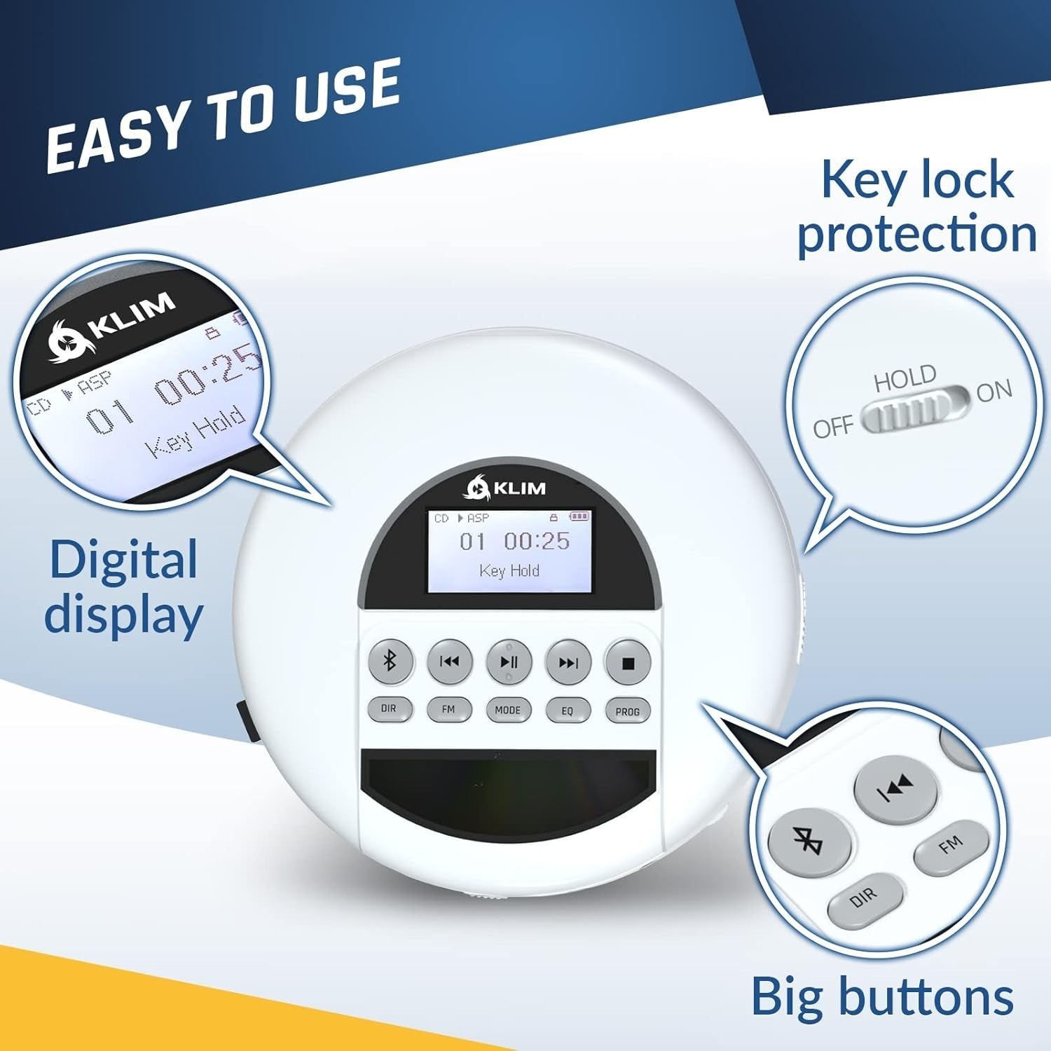 Portable CD Player Bluetooth FM Radio TF Card Rechargeable White w/ Earbuds