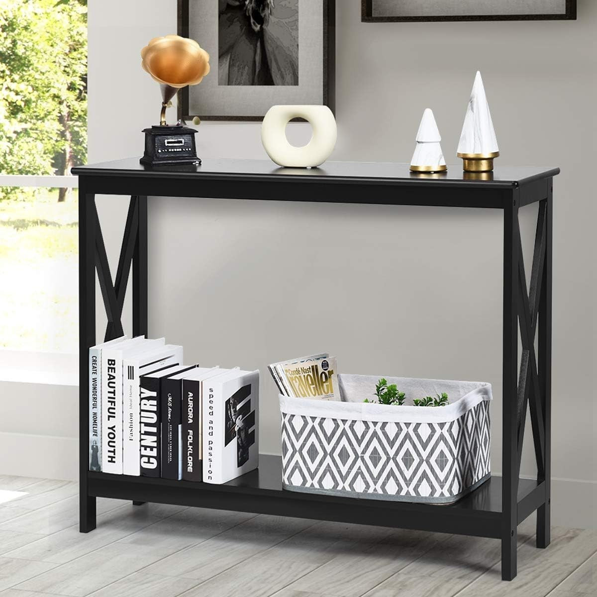 Slim Black Console Table with Shelves – 2-Tier Entryway Hallway Unit