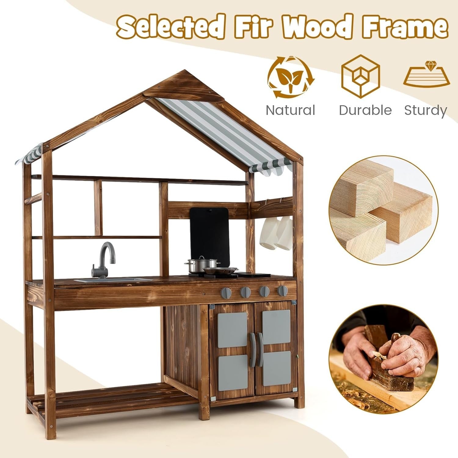 Outdoor Mud Kitchen Kids Wooden Playset w/ Canopy Sink Chalkboard