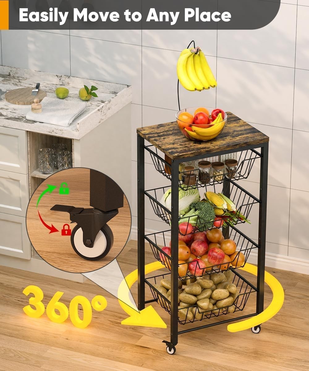5 Tier Kitchen Storage Cart Pull Out Wire Baskets Fruit Vegetable Trolley