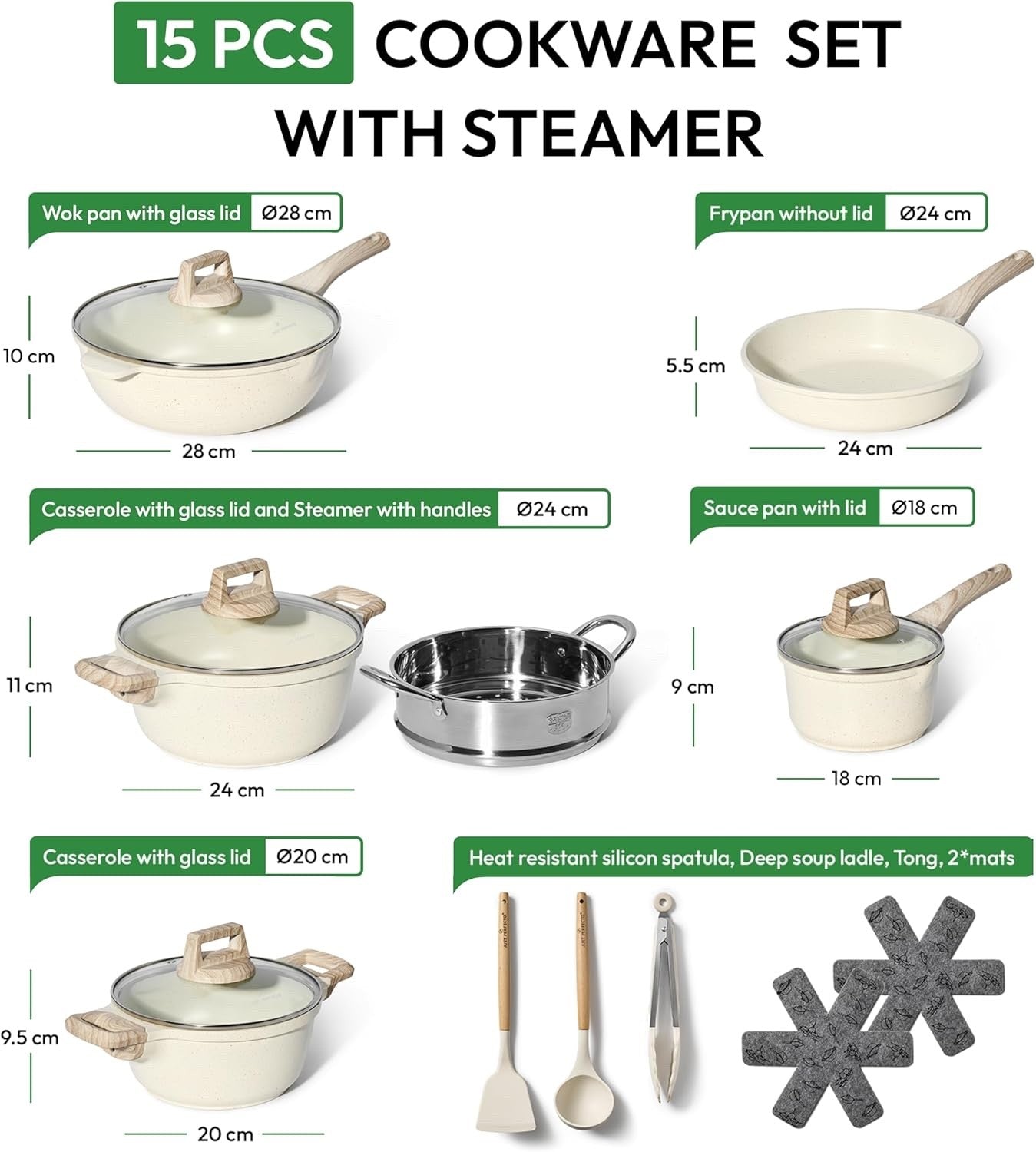 15pcs Beige Non Stick Cookware Set Induction Safe Frying Pans Pots with Lids
